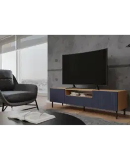 TV stolíky CAMILA štýlový TV stolík na nožičkách, modrý / dub Artisan