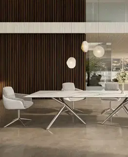 Jedálenské stoly DELIFE Jedálenský stôl Edge 300x100 keramika Calacatta Luxe bielo-zlato-šedá Estelar okrúhly nerezová oceľ