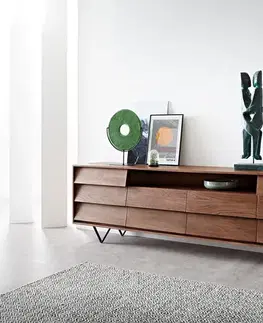 Komody DELIFE Komoda Eloi 240x40 cm akácia hnedá 2 dvierka 6 zásuviek podstava v tvare V čierna