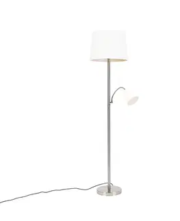 Stojace lampy Klasická stojaca lampa oceľ s bielym tienidlom a lampou na čítanie - Retro