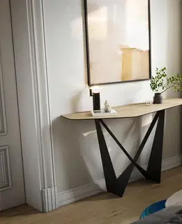 Konzolové stolíky DELIFE Konzolový stolík Edge polygonálny 140×50 cm keramika Laminam® sabbia v dubovej farbe Spios kov čierna