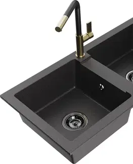Kuchynské drezy MEXEN/S MEXEN/S - Mario granitový drez 2-bowl vrátane batérie Flora, čierna kropenatá 6504-76-670401-57-B