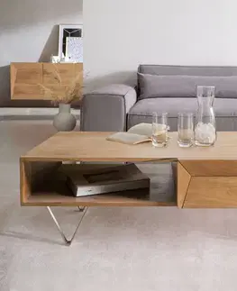 Konferenčné stolíky DELIFE Konferenčný stolík Kayu 115x60 cm akácia prírodná 2 zásuvky podstava v tvare V nerezová oceľ