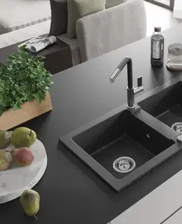 Kuchynské drezy MEXEN/S MEXEN/S - Mario granitový drez 2-bowl vrátane batérie Flora, čierna kropenatá 6504-76-670401-07