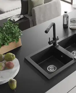 Kuchynské drezy MEXEN/S MEXEN/S - Mario granitový drez 2-bowl vrátane batérie Duero, čierna/strieborná metalík 6504-73-671600-70
