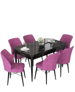 Jedálenské sety Extendable Dining Table & Chairs Set (7 Pieces) Nef - Black Marble, Purple