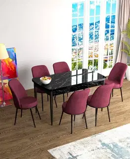 Jedálenské sety Extendable Dining Table & Chairs Set (7 Pieces) Han - Black Marble, Burgundy