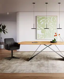 Jedálenské stoly DELIFE Jedálenský stôl Edge oválny 240x120x2,5-3 cm dub prírodný podstava v tvare V plochá oceľ čierna švajčiarska hrana