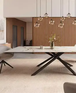 Jedálenské stoly DELIFE Jedálenský stôl Edge 300x100 keramika Calacatta Luxe bielo-zlato-šedá krížová podstava hranatý čierna