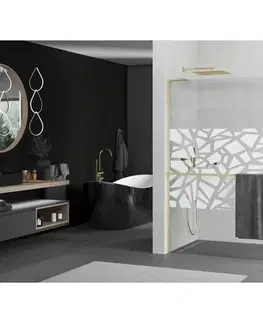 Sprchové dvere MEXEN/S - Kioto+ L Sprchová zástena WALK-IN s poličkou a držiakom uterákov 100 x 200, biely vzor, zlatá kartáčovaná 800-100-123-55-85