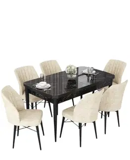 Jedálenské sety Extendable Dining Table & Chairs Set (7 Pieces) Nef - Black Marble, Cream