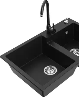 Kuchynské drezy MEXEN/S MEXEN/S - Tomas granitový drez 2-bowl vrátane batérie Telma, čierna 6516-77-670200-70