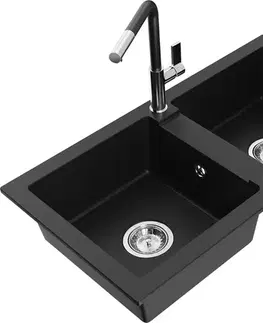 Kuchynské drezy MEXEN/S MEXEN/S - Mario granitový drez 2-bowl vrátane batérie Flora, čierna 6504-77-670401-07