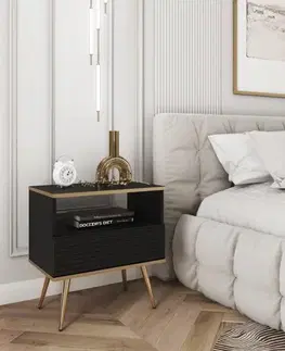 Nábytok ArtPS Nočný stolík BIJOU S-54 MDF | čierna / zlaté nohy