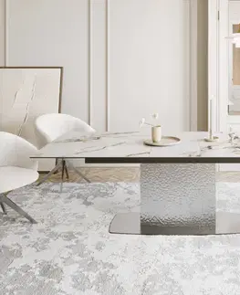 Jedálenské stoly DELIFE Jedálenský stôl Edge 180-220x100 keramika Calacatta Luxe bielo-zlato-šedá Wave nerezová oceľ rozkladací