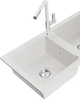 Kuchynské drezy MEXEN/S MEXEN/S - Mario granitový drez 2-bowl vrátane batérie Flora, biela 6504-20-670401-02