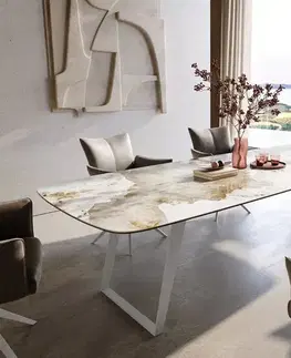 Jedálenské stoly DELIFE Jedálenský stôl Edge zaoblený tvar 300×120 cm keramika Minas Melange bielo-béžová kov šikmý biely