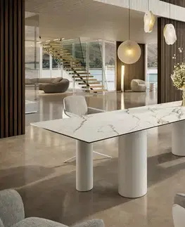 Jedálenské stoly DELIFE Jedálenský stôl Edge 300x100 keramika Calacatta Luxe bielo-zlato-šedá kovová podstava biela