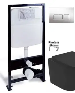 Záchody PRIM předstěnový instalační systém s chromovým tlačítkem 20/0041 + WC REA CARLO MINI RIMLESS ČIERNY MAT + SEDADLO PRIM_20/0026 41 MM1