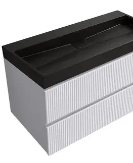 Kúpeľňový nábytok CERANO - Kúpeľňová skrinka Carole - biela matná ryhovaná + umývadlo z lit. mramoru Vita - čierna matná - 100x58x46 CER-565269