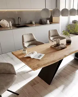 Jedálenské stoly DELIFE Jedálenský stôl Edge 260x100 akácia prírodná podstava v tvare V plochá oceľ čierna Live-Edge