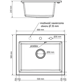Kuchynské drezy MEXEN/S MEXEN/S - Elix granitový drez 1-miska 600 x 500 mm, čierna/zlatá metalik, sifón zlatá 6525601005-75-G