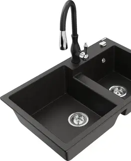 Kuchynské drezy MEXEN/S MEXEN/S - Tomas granitový drez 2-bowl vrátane batérie Savita, čierna/zlatá metalik 6516-75-672601-70