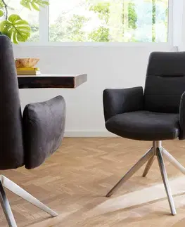 Jedálenské stoličky DELIFE Otočná jedálenská stolička Jova-Flex s opierkami mikrovlákno antracit vintage krížová podstava široká nerezová oceľ 360° otočná vrecková pružina