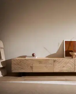 Televízne stolíky DELIFE TV stolík Ashara 220 cm dub prírodný 3D efekt 4 dvierka kovová podstava čierna