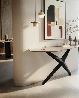 Konzolové stolíky DELIFE Konzolový stolík Edge polygonálny 140×50 cm keramika Laminam® Travertino Bianco krémovo biela Zentharo kov čierna