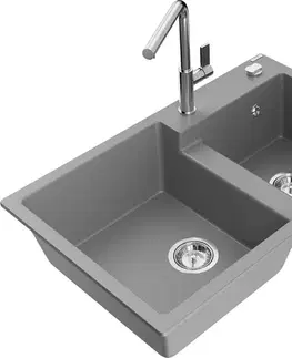 Kuchynské drezy MEXEN/S MEXEN/S - Tomas granitový drez 2-bowl vrátane batérie Flora, šedá 6516-71-670401-00