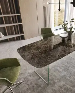 Jedálenské stoly DELIFE Jedálenský stôl Edge oválny 200x100 keramika Laminam® Emperador Extra Lucidato tmavohnedý podstava sklo