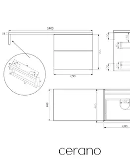 Kúpeľňový nábytok CERANO - Kúpeľňová skrinka Velora - biela matná, úchytka čierna + doska pod umývadlo Navira Slim - 18 mm + konzola čierna - 140x54,8x46,5 CER-668048