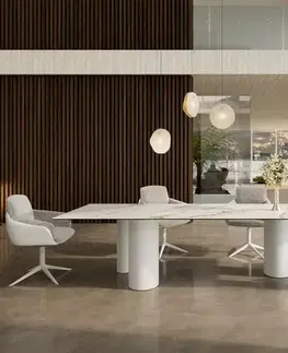 Jedálenské stoly DELIFE Jedálenský stôl Edge 300x100 keramika Calacatta Luxe bielo-zlato-šedá kovová podstava biela