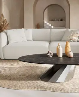 Konferenčné stolíky DELIFE Konferenčný stolík Edge oválny 140x75 cm keramika Laminam® Noir Desir hnedá Parabi nerezová oceľ kefovaná
