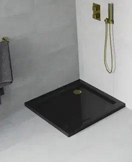 Vane MEXEN/S - Flat sprchová vanička štvorcová slim 70 x 70, čierna + zlatý sifón 40707070G