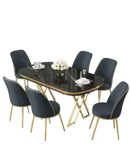 Jedálenské sety Dining Table & Chairs Set (7 Pieces) Lai - Black Marble, Gold, Anthracite