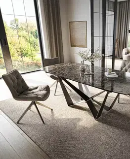 Jedálenské stoly DELIFE Jedálenský stôl Edge zaoblený 180-220×100 cm keramika Emperador Extra Lucidato tmavohnedá Spider plochá oceľ nerezová oceľ grafit rozkladací