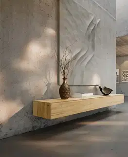 Televízne stolíky DELIFE TV stolík Cuor 200 cm keramika Laminam® sabbia v dubovej farbe 1 výklopné dvierka 1 zásuvka závesné