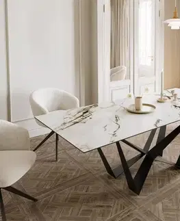 Jedálenské stoly DELIFE Jedálenský stôl Edge 180-220x100 keramika Calacatta Luxe bielo-zlato-šedá Spider plochá oceľ čierna rozkladací