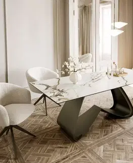 Jedálenské stoly DELIFE Jedálenský stôl Edge oválny 200x100 cm keramika Calacatta Luxe bielo-zlato-šedá podstava v tvare W kov efektová titánová farba