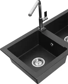 Kuchynské drezy MEXEN/S MEXEN/S - Mario granitový drez 2-bowl vrátane batérie Flora, čierna/strieborná metalík 6504-73-670401-00