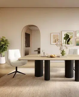 Jedálenské stoly DELIFE Jedálenský stôl Edge zaoblený 240×120 cm keramika Laminam® sabbia v dubovej farbe kovová podstava čierna