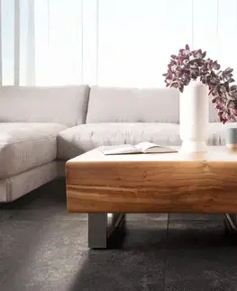 Konferenčné stolíky DELIFE Konferenčný stolík New Live-Edge 80x60 cm akácia prírodná 2 zásuvky tenká podstava nerezová oceľ kefovaná