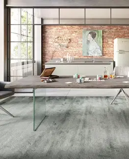 Jedálenské stoly DELIFE Jedálenský stôl Edge 260x100 akácia platinové sklo Live-Edge