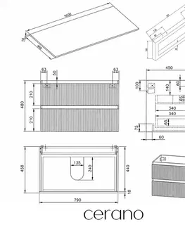 Kúpeľňový nábytok CERANO - Kúpeľňová skrinka Carole - biela matná ryhovaná + doska pod umývadlo Navira Slim - 18 mm + konzola čierna - 160x46x49,8 CER-205042