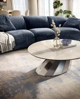 Konferenčné stolíky DELIFE Konferenčný stolík Edge okrúhly 100×100 cm keramika onyx šampanské parabi nerezová oceľ kefovaná