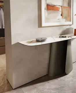 Konzolové stolíky DELIFE Konzolový stolík Edge zaoblený tvar 180×40 cm keramika Calacatta Luxe bielo-zlato-šedá Livos kov titánová farba