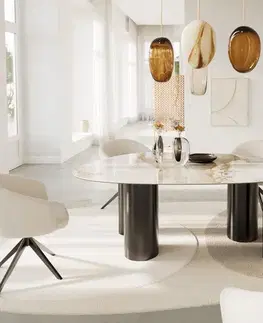 Jedálenské stoly DELIFE Jedálenský stôl Edge oválny 220x120 keramika Minas Melange bielo-béžová pilier nerezová oceľ grafitová