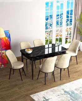 Jedálenské sety Extendable Dining Table & Chairs Set (7 Pieces) Han - Black Marble, Cream